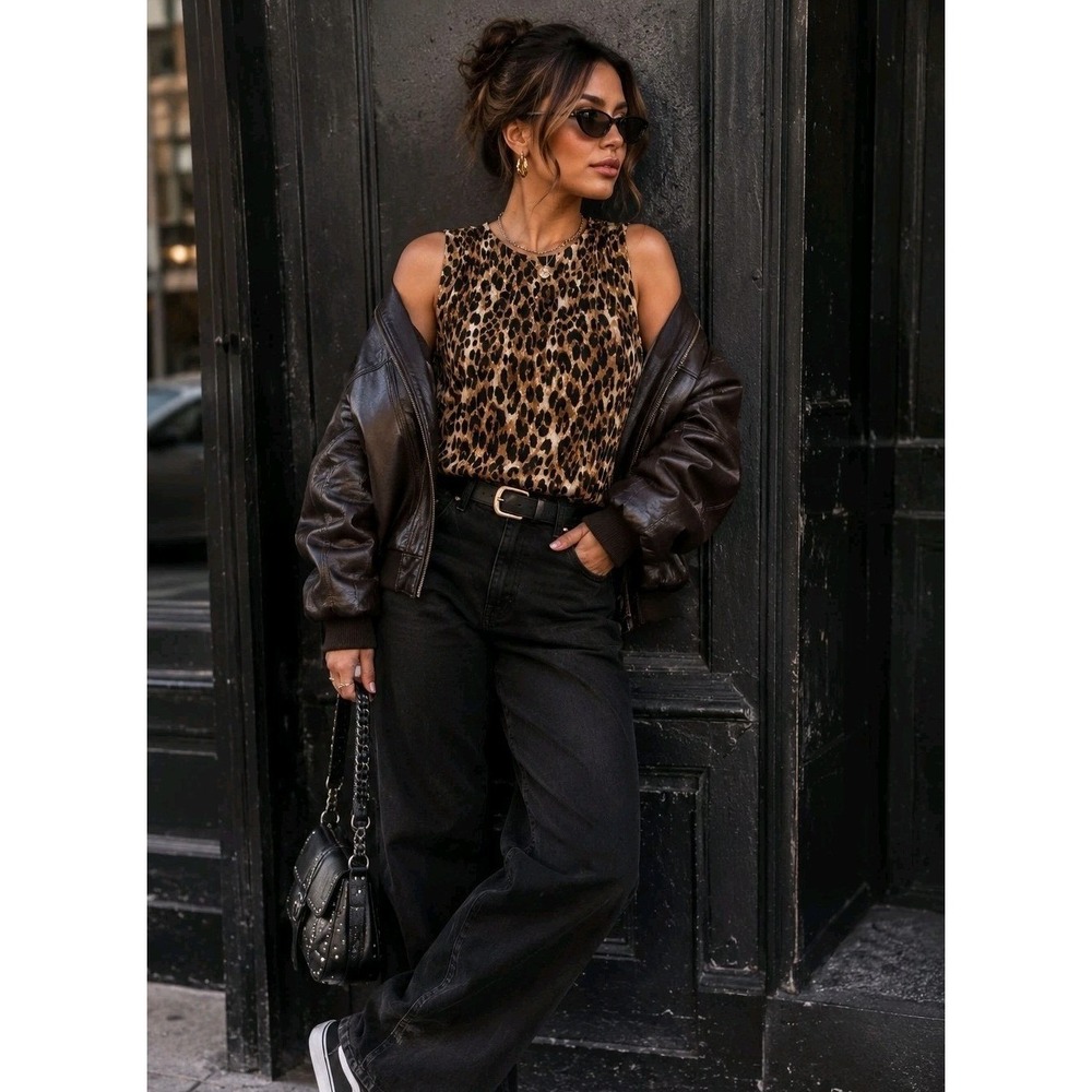 Bishop + Young Leopard Print Blouse Large Draped Sleeveless Animal Print Top